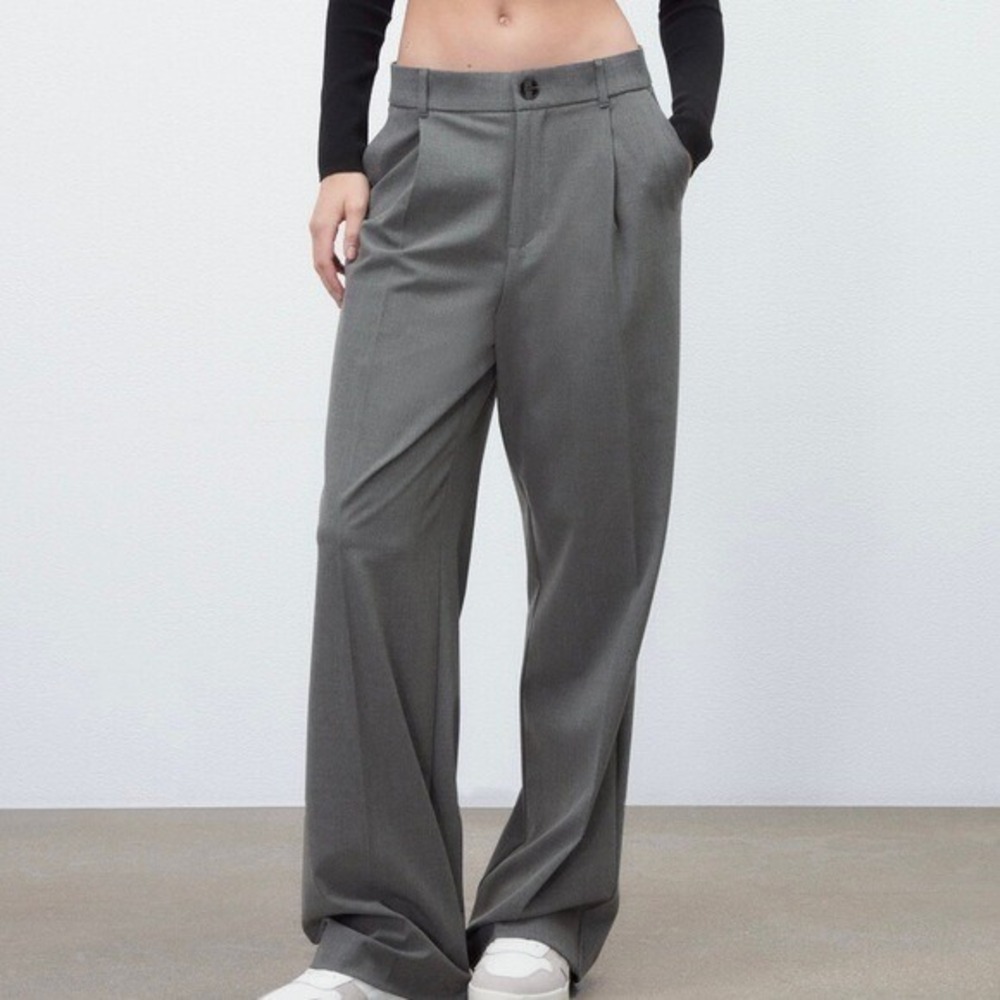 Zara Womens Grey Wide Leg Pleated High Waisted Trousers | Size XXL New With Tags